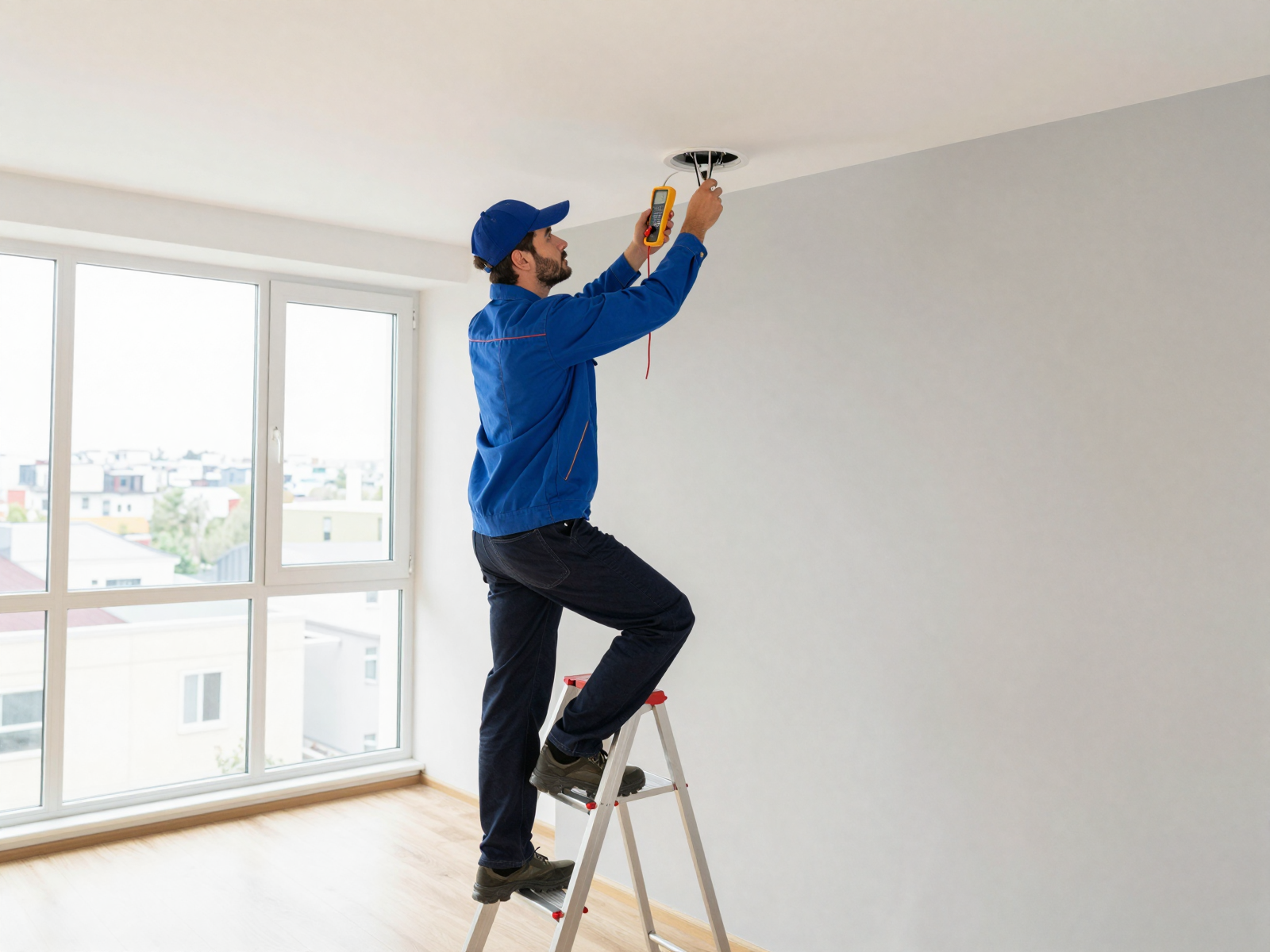 Electrician installing new recessed light fixture in residential home